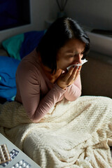 Ill woman with seasonal infections flu allergy and runny nose wi