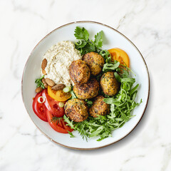 Vegan sweet potato falafel bowl in flat lay style