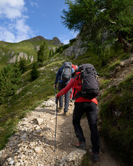 group of mixed aged hikers trekking up a steep path to a nearby grassy mountain peak in late summer in the italian dolomites of South Tyrol