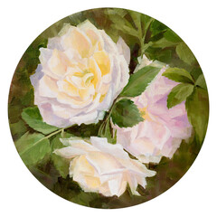 Beautiful white blooming roses painted on a round canvas with oil paint. White roses. Oil painting.