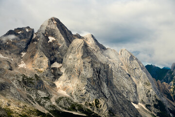 Obraz premium relaxing scene of Marmolata mountain highest peak of the italian Dolomites in late Summer before the snow
