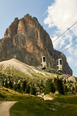 cable lift up to  Sasso Lungo near the Sella Pass in the italian alps