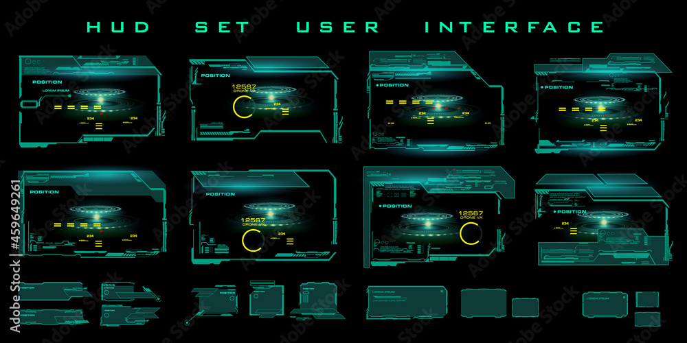 Poster set futuristic green neon frames and hud interfaces. digital frame of ui, ux technology. virtual use