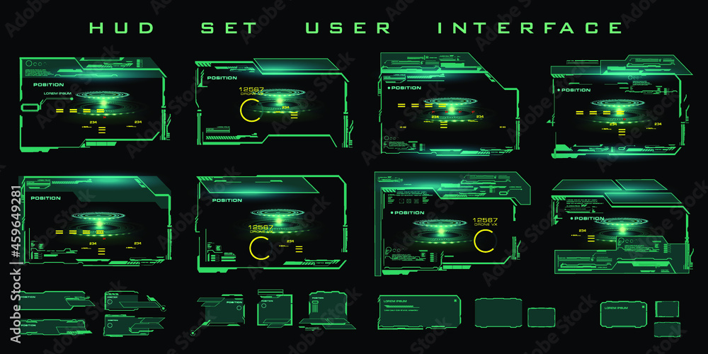 Poster set futuristic green neon frames and hud interfaces. digital frame of ui, ux technology. virtual use