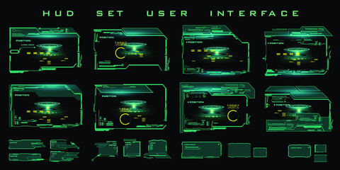 Set futuristic green neon frames and HUD interfaces. Digital frame of UI, UX technology. Virtual user Interface for streaming games. Futuristic information box layout templates
