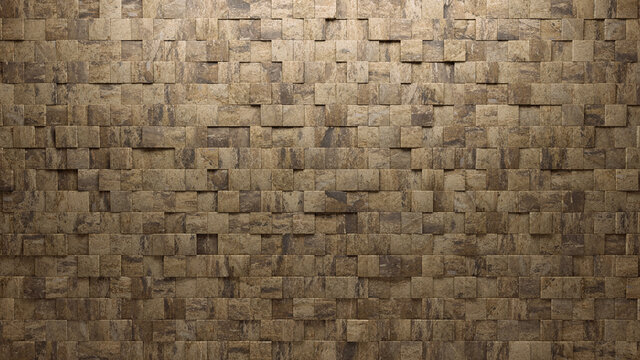 Square, Natural Stone Mosaic Tiles arranged in the shape of a wall. Semigloss, Polished, Bricks stacked to create a 3D block background. 3D Render