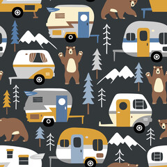 Seamless vector pattern with vintage camping trailers, bears and pine trees on dark grey background. Perfect for textile, wallpaper or print design. © MirabellePrint