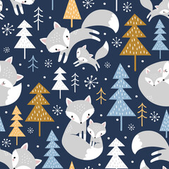 Seamless vector pattern with cute hand drawn polar foxes, pine trees and snowy winter woodland on dark blue background. Perfect for textile, wallpaper or print design. © MirabellePrint