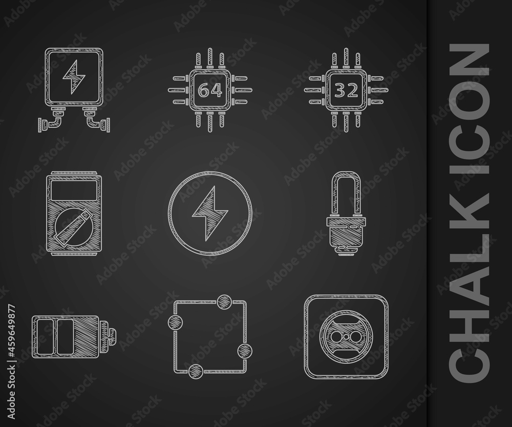 Poster set lightning bolt, electric circuit scheme, electrical outlet, led light bulb, battery charge level