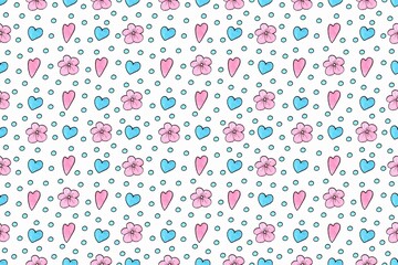Watercolor Hand painted background with hearts and flowers in blue and pink colors. Graphic resource for invitation cards, wrapping paper, baby shower