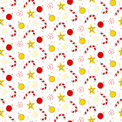 Christmas balls, striped candy cane, stars and confetti. Red-yellow.Seamless repeating pattern in doodle style on a white background.