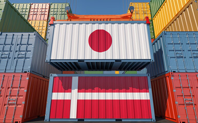 Freight containers with Denmark and Japan national flags. 3D Rendering 
