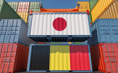 Freight containers with Belgium and Japan national flags. 3D Rendering 