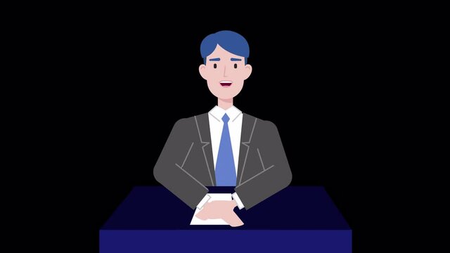 lip syncing Facial Animation for narration. male anchor character speaking at tv news. looped footage in flat style. talking mouth and lips expressions, articulation ALPHA Channel and luma matte
