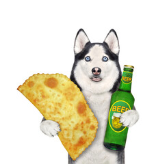 A dog husky holds a fried pie and a bottle of beer. White background. Isolated.