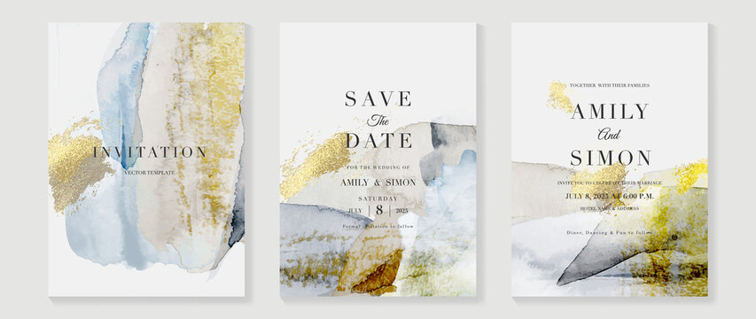 Elegant abstract watercolor wedding invitations vector set. Luxury gold and hand painted watercolor background decoration for save the date, greeting card, poster and cover design template.
