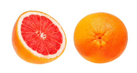 Grapefruit set. Grapefruit whole and half isolated on white. Healthy food.