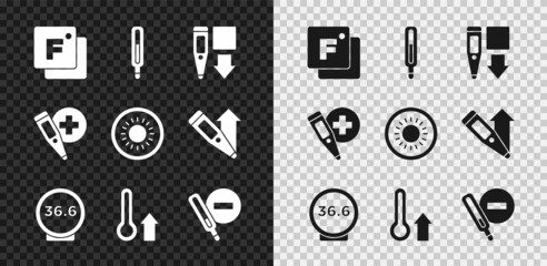 Set Fahrenheit, Medical thermometer, Digital, Meteorology, and Sun icon. Vector