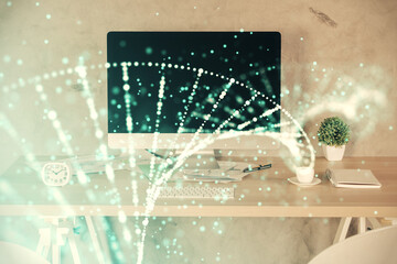 Double exposure of dna drawing and office interior background. Concept of science.