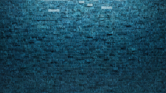 3D, Rectangular Mosaic Tiles arranged in the shape of a wall. Blue Patina, Polished, Bricks stacked to create a Glazed block background. 3D Render