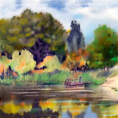 Autumn landscape with a lake and a couple. Digital illustration.