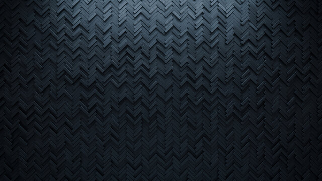 Herringbone, 3D Mosaic Tiles arranged in the shape of a wall. Semigloss, Polished, Bricks stacked to create a Black block background. 3D Render