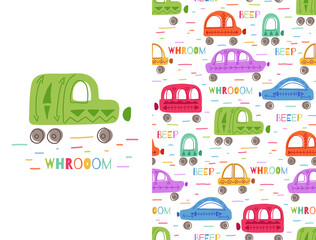 Set of cute colorful childish card and pattern with hand drawn cars with tribal pattern and lettering. Vector poster and texture with multicolored machines. Cartoon vehicles with words