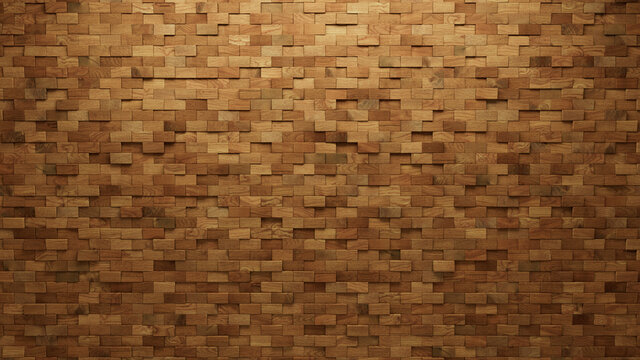 Timber, Wood Mosaic Tiles arranged in the shape of a wall. Soft sheen, Rectangular, Blocks stacked to create a 3D block background. 3D Render