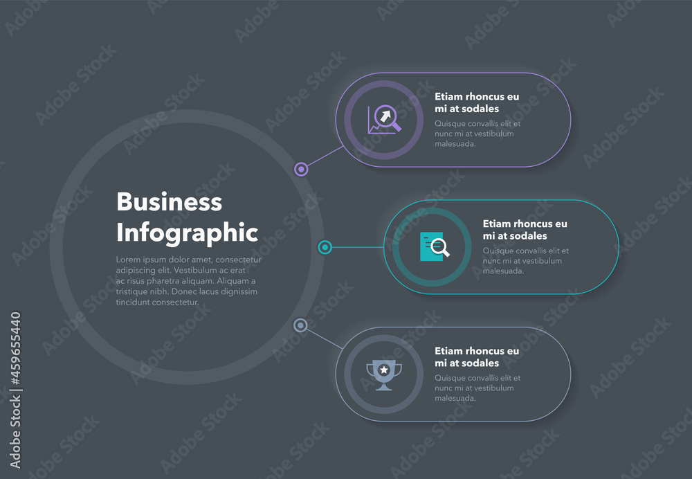 Poster Simple concept for business diagram with three colourful steps and place for your description - dark version. Flat infographic design template for website or presentation.
