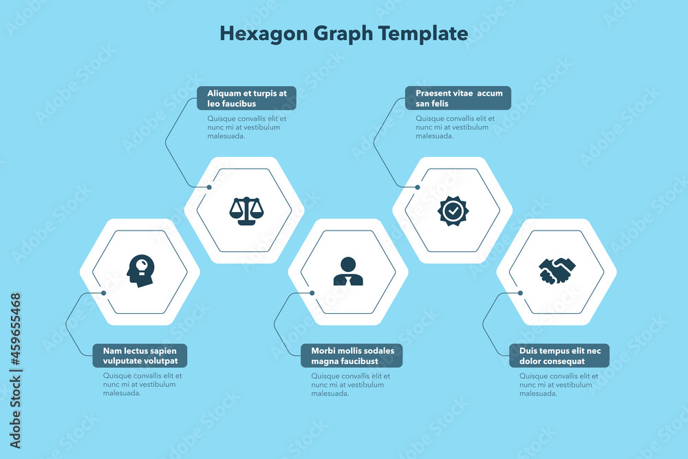 Aufkleber Modern business process template with five hexagon steps - blue version. Easy to use for your website or presentation.