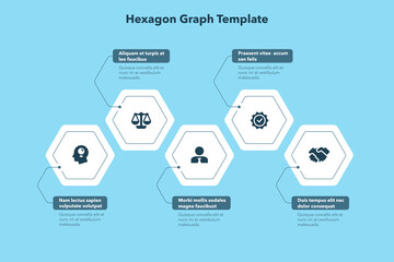 Modern business process template with five hexagon steps - blue version. Easy to use for your website or presentation.