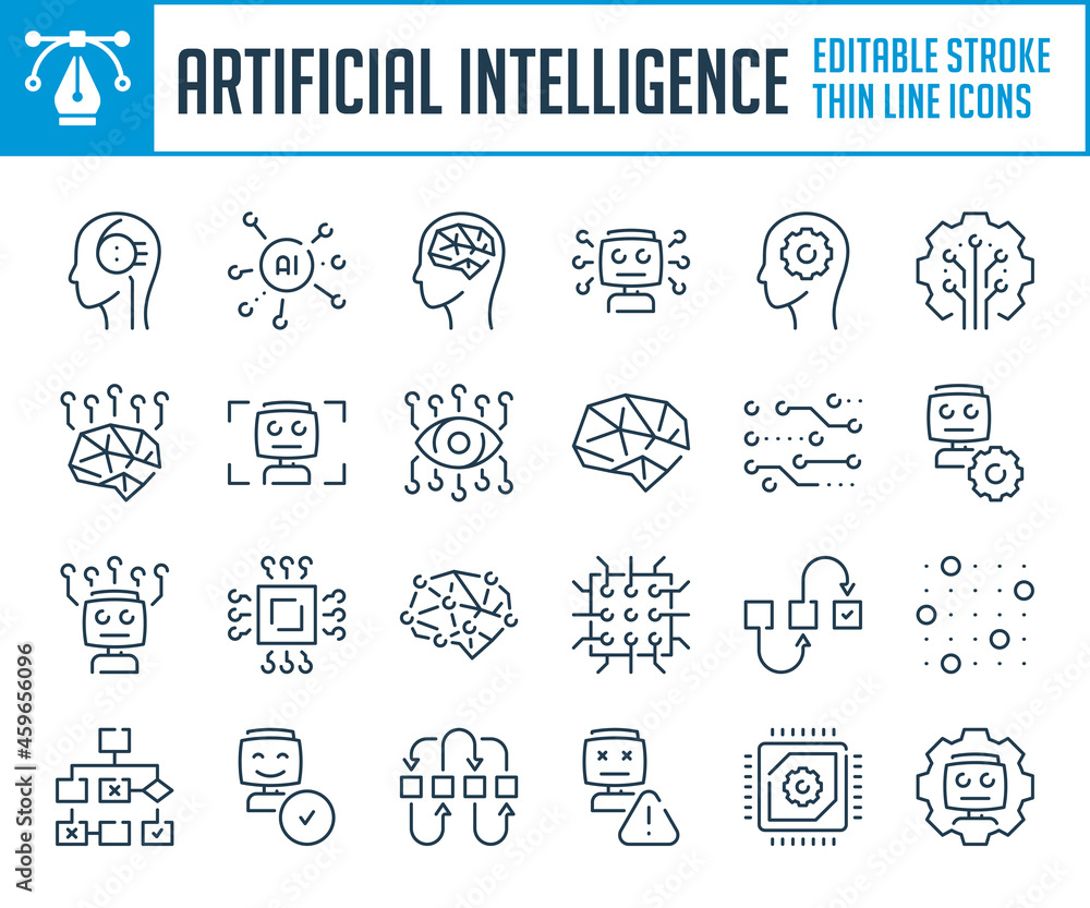  artificial intelligence and machine learning thin line icons. robot, computing network and smart tec