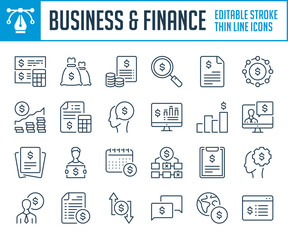 Business and Finance thin line icons. Money, Payment and Financial report outline icon set. Editable stroke icons.