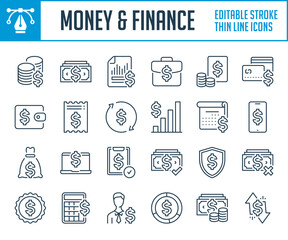 Money, Finance and Business thin line icons. Payment, Savings and Deposit outline icon set. Editable stroke icons.
