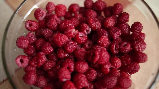 Fresh, Juicy Raspberry Background, Ripe. Macro Red Raspberries Fruit. Fresh Raspberry Fruits As Food Dackground. Healthy Food Organic Nutrition.
