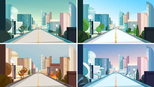 City road at different times of the year. Cityscapes in flat style.