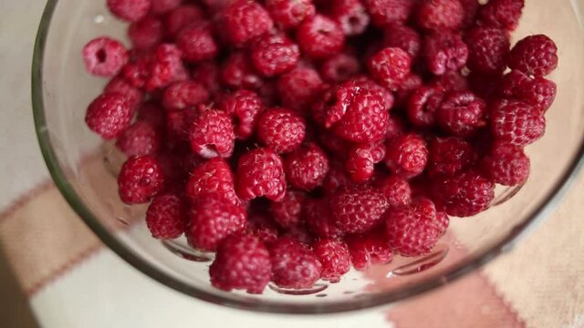 Fresh, Juicy Raspberry Background, Ripe. Macro Red Raspberries Fruit. Fresh Raspberry Fruits As Food Dackground. Healthy Food Organic Nutrition.