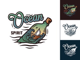 Boat inside the bottle on the ocean waves. Nautical vessel for sea wanderer. Marine wanderlust travel adventure print