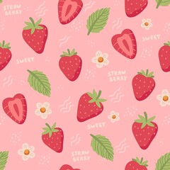 Strawberry hand drawn seamless pattern. Cute colorful strawberries with flowers and leaves in doodle style, vector illustration