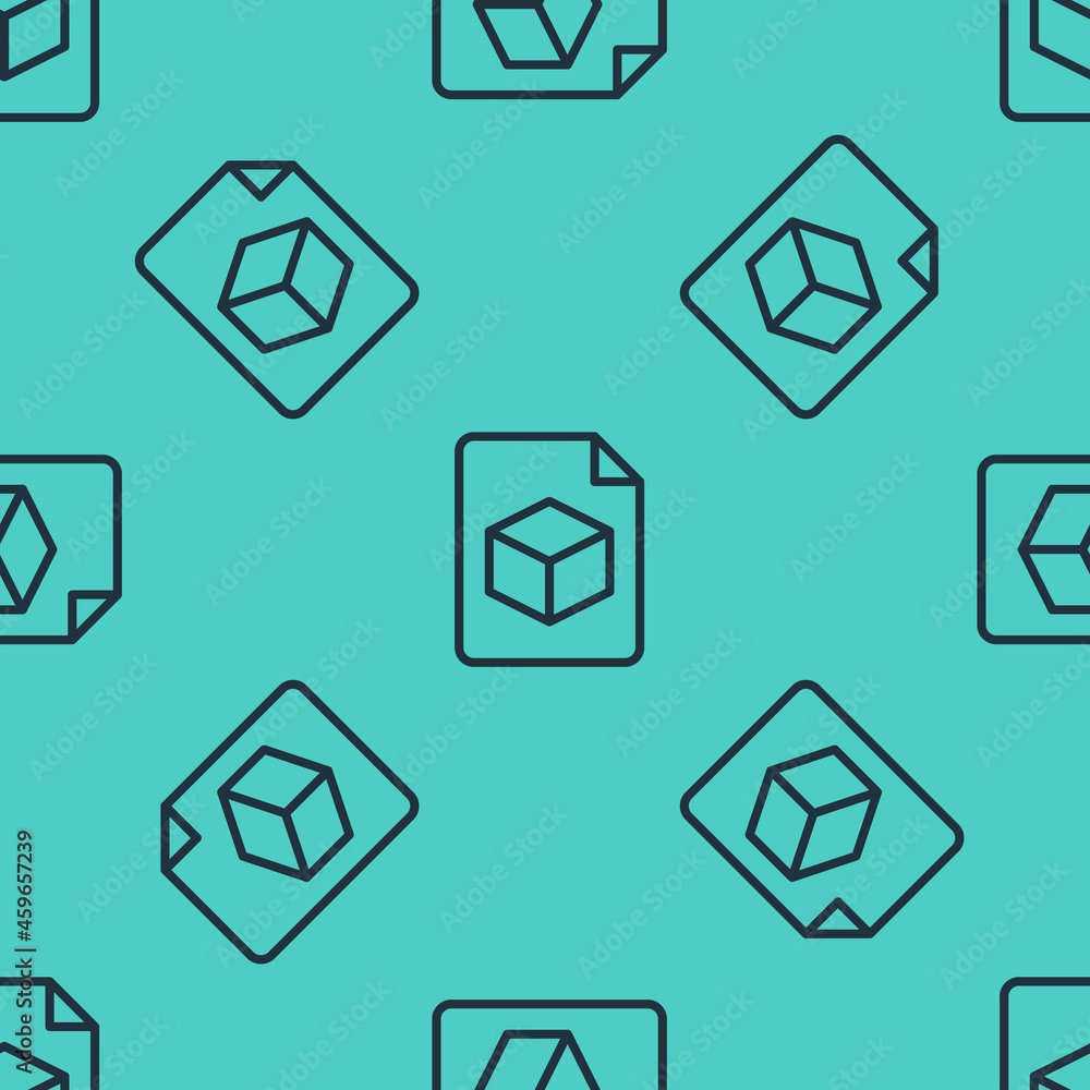 Poster Black line Isometric cube file icon isolated seamless pattern on green background. Geometric cubes solid icon. 3D square sign. Box symbol. Vector