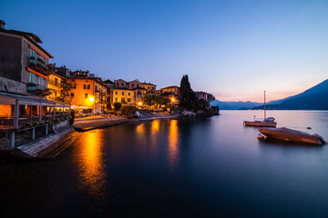 Fototapeta premium The town of Varenna, on Lake Como, photographed at dusk.