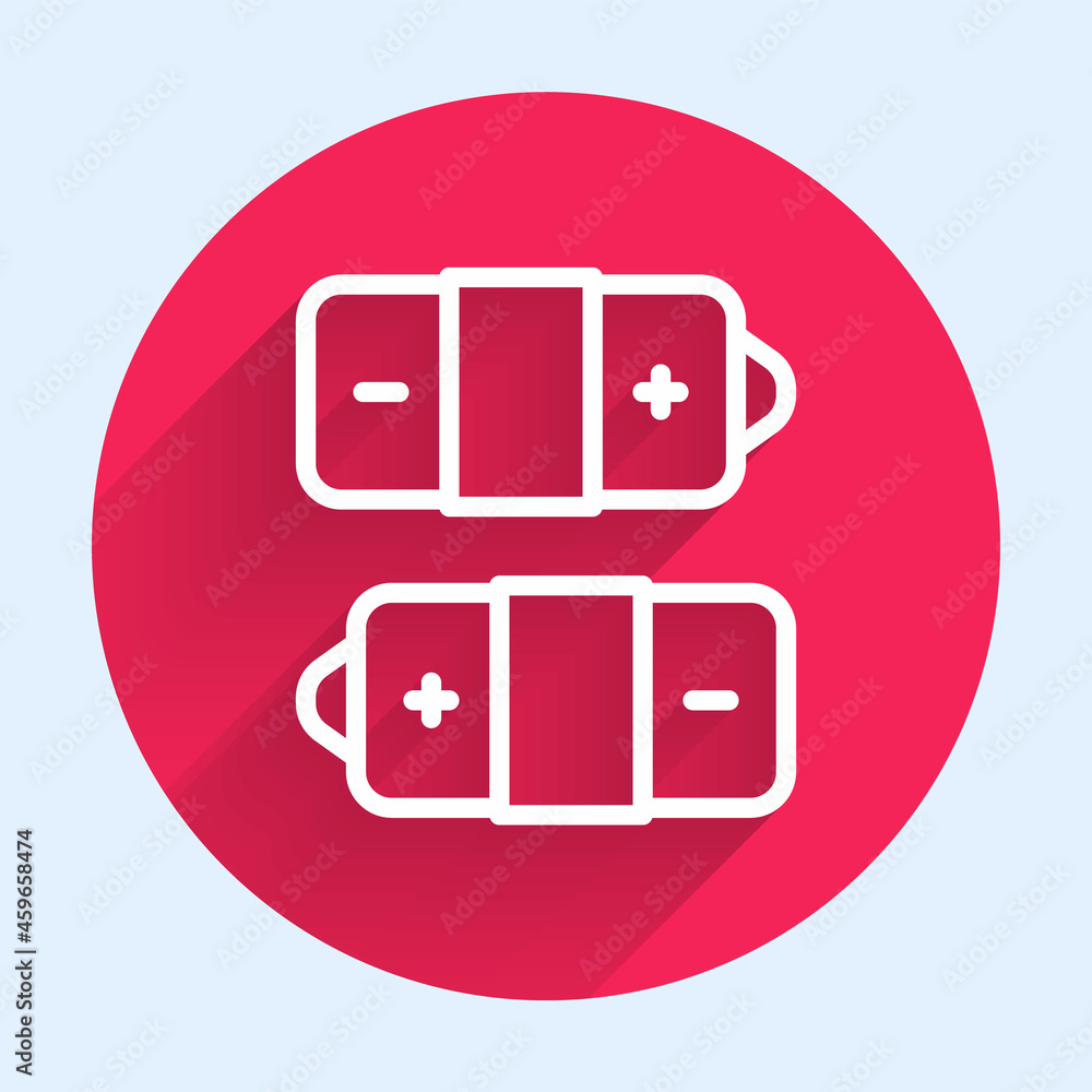 Poster white line battery icon isolated with long shadow background. lightning bolt symbol. red circle butt