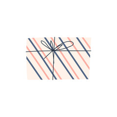 Gift box with stripes. Birthday, New Year and Christmas present isolated. Vector illustration of a cute gift box with a ribbon on a white background.