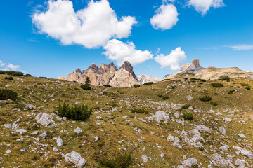 Mountain peaks of Monte Rudo or Rautkofel, Croda dei Rondoi or Schwalbenkofel, Torre dei Scarperi or Schwabenalpenkopf and Croda dei Baranci, Cima Piatta Alta. Sesto Dolomites of Tre Cime di Lavaredo.