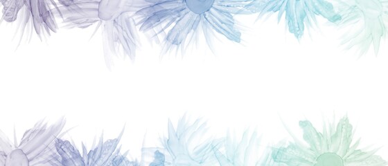 Fototapeta na wymiar アルコールインクアートの背景）上下に青系のグラデーションの花　ナチュラル　透明感　バナー　スペース