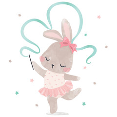 Obraz na płótnie Canvas Watercolor cute ballerina bunny illustration, greeting cards, baby and kids artworks, textile graphics.