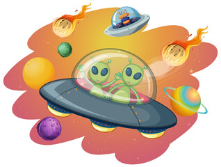 Alien in UFO on space scene