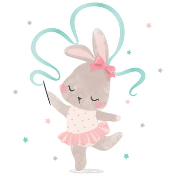 Watercolor cute ballerina bunny illustration, greeting cards, baby and kids artworks, textile graphics.