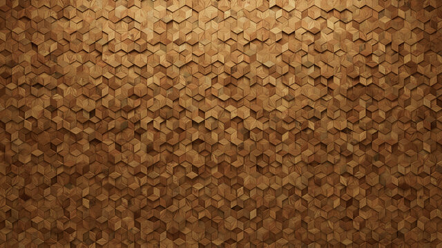Wood, 3D Mosaic Tiles arranged in the shape of a wall. Diamond Shaped, Timber, Blocks stacked to create a Soft sheen block background. 3D Render