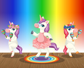 Unicorns playing maracas on rainbow gradient background